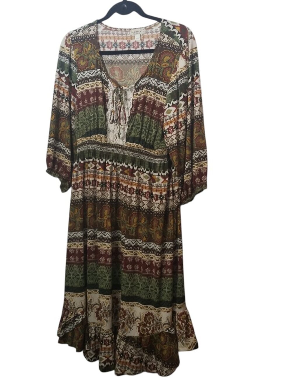 One World Women's Boho Patchwork Floral Burgundy Brown Midi Dress Sz 1X